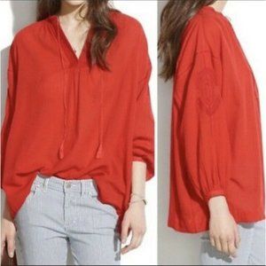 Women’s Madewell Gauze Peasant Top With Embroidery. Sz 14. Coral Red